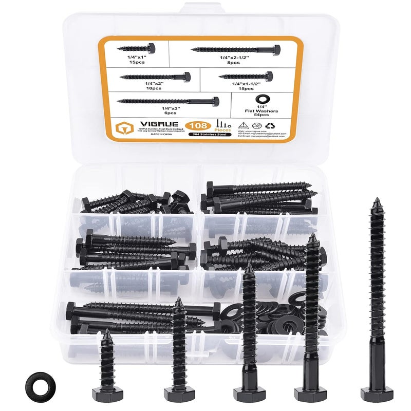 VIGRUE 1/4" Hex Lag Bolts Stainless Steel 18-8 (304), 108PCS Black Oxidized, Hex Lag Screws Heavy Duty Wood Screws Washers Assortment kit, Length Include 1" 1-1/2" 2" 2-1/2" 3" - Image 1